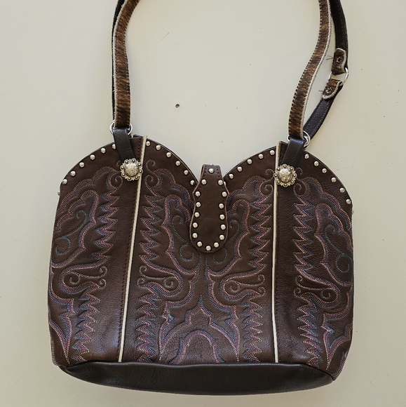 Upcycled Cowgirl Boot Etched Brown Concho Leather Crossbody Purse - Picture 1 of 10